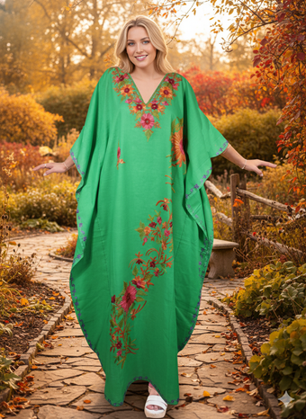 Women’s Parakeet Green Handmade Kaftan Maxi Dress – Breezy Cruise & Holiday Style  L-2X